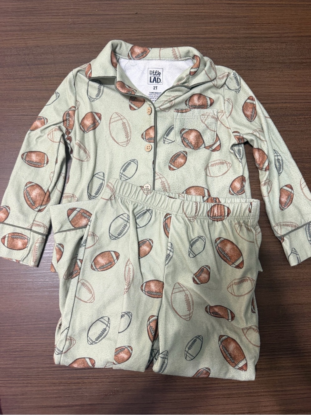 Little Lad Green Football-Print Pajama Set